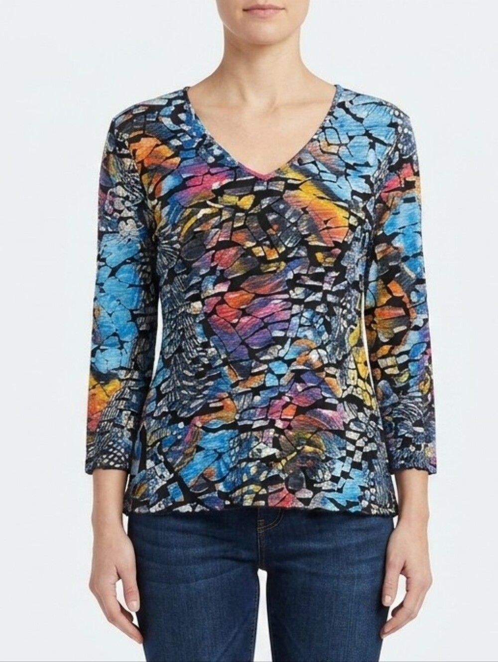 Snoskins Abstract Stained Glass Burnout V-Neck Top Medium Art To Wear Textured M